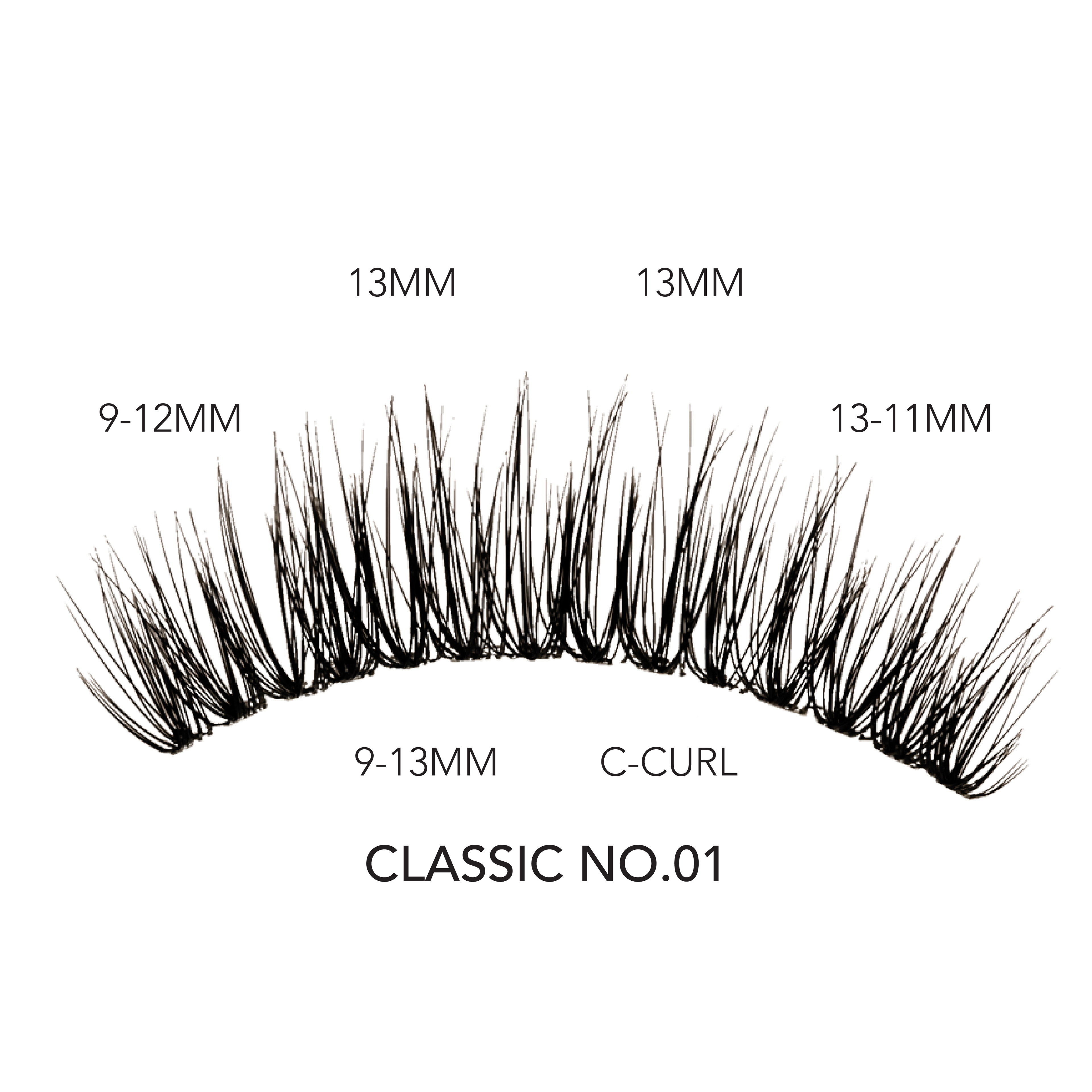 Classic volume eyelash extensions in style No. 01 featuring C-curl and varying lengths from 9mm to 13mm.