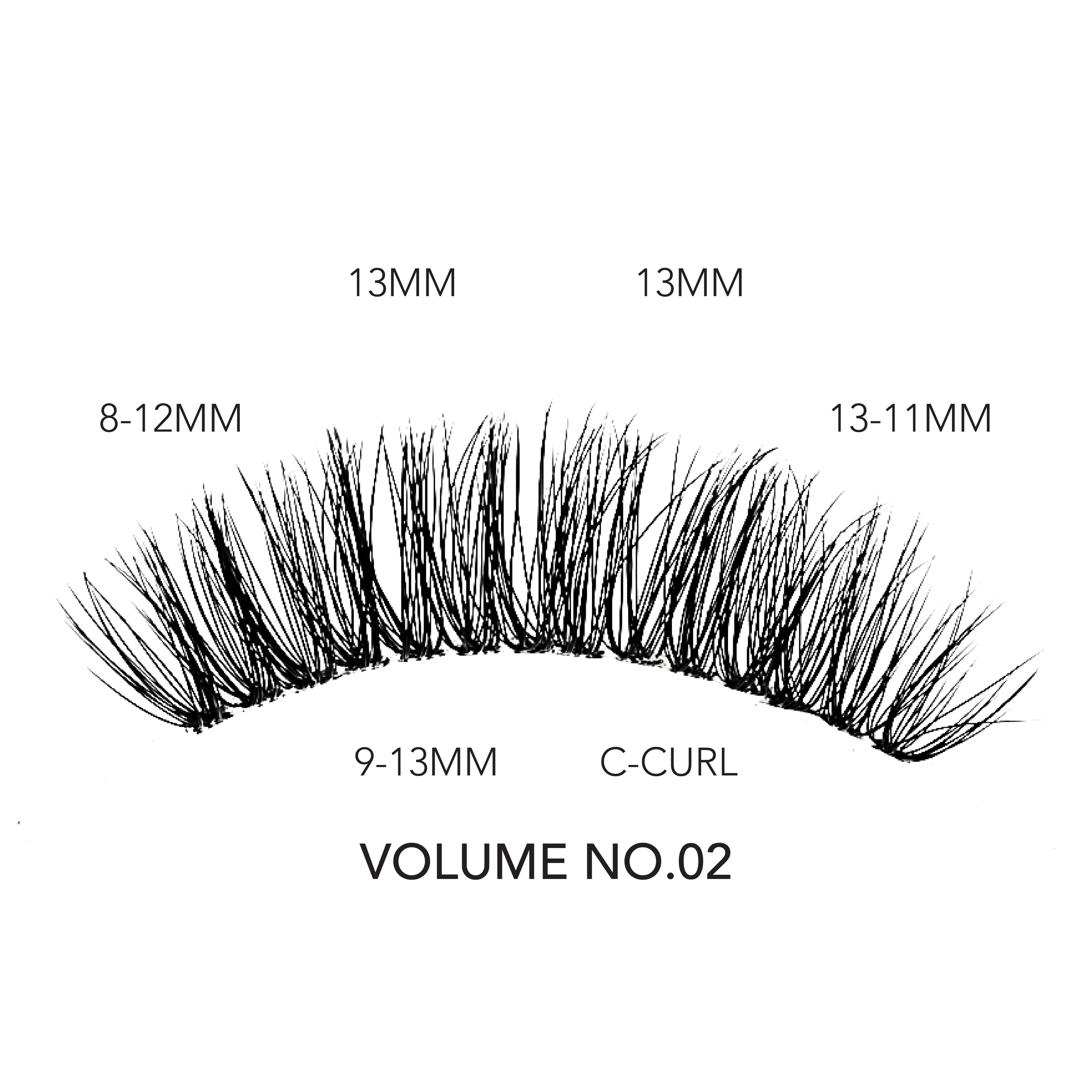 Volume eyelash extension C-curl lash fan with lengths 8–13 mm labeled across the arc