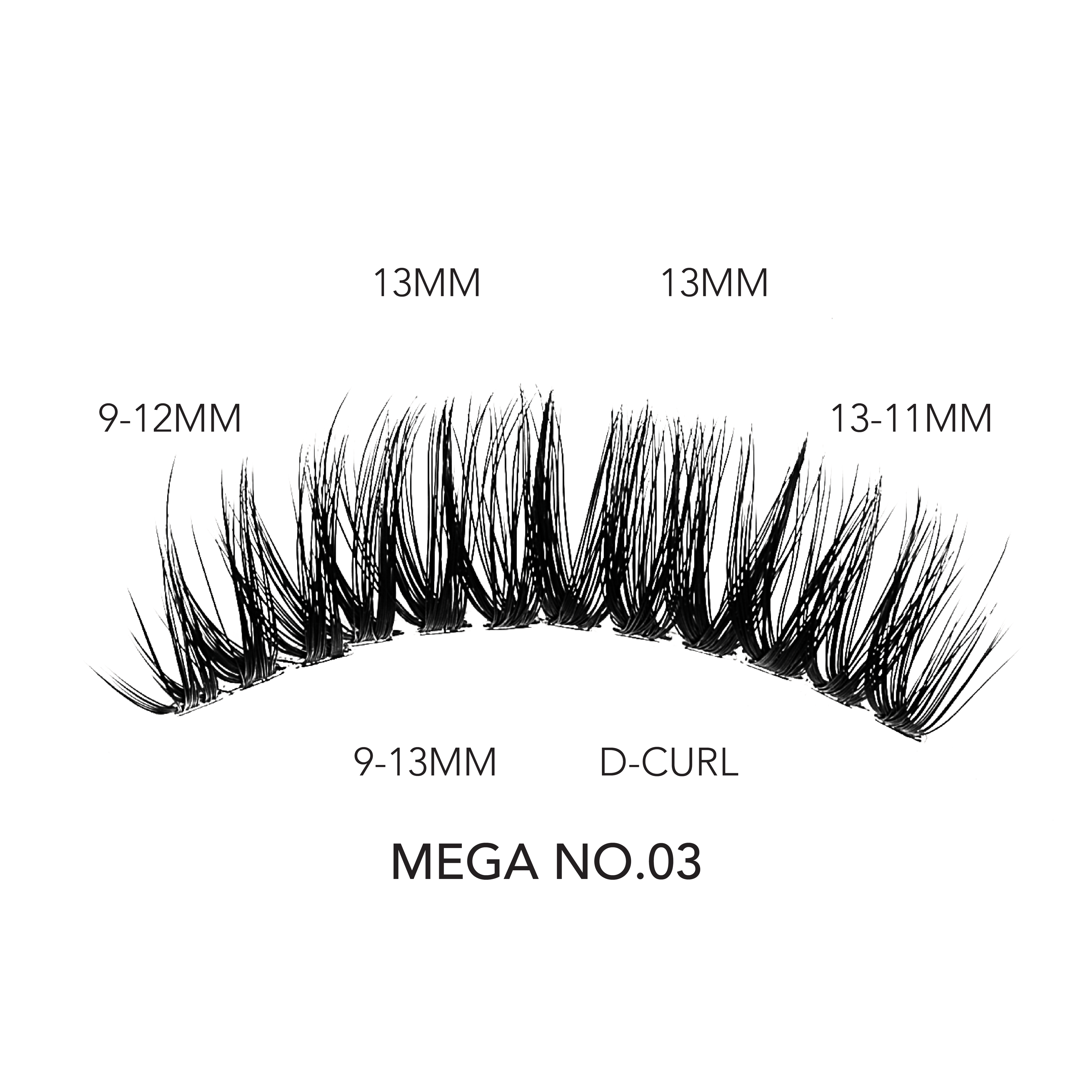 Mega volume eyelash extensions D-curl lash fan with lengths 9–13 mm labeled across the tray