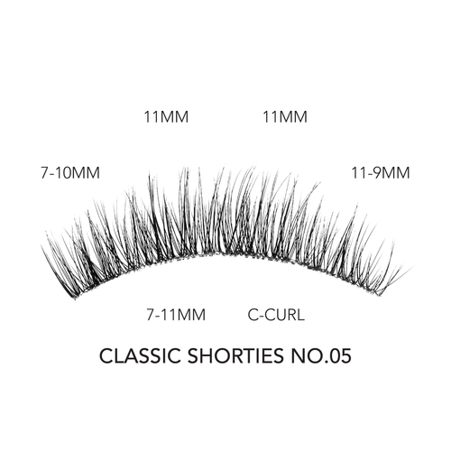 Short volume lash extensions in Classic Shorties No.05 style featuring a C-curl and layered lengths from 7mm to 11mm for a natural, lifted effect.