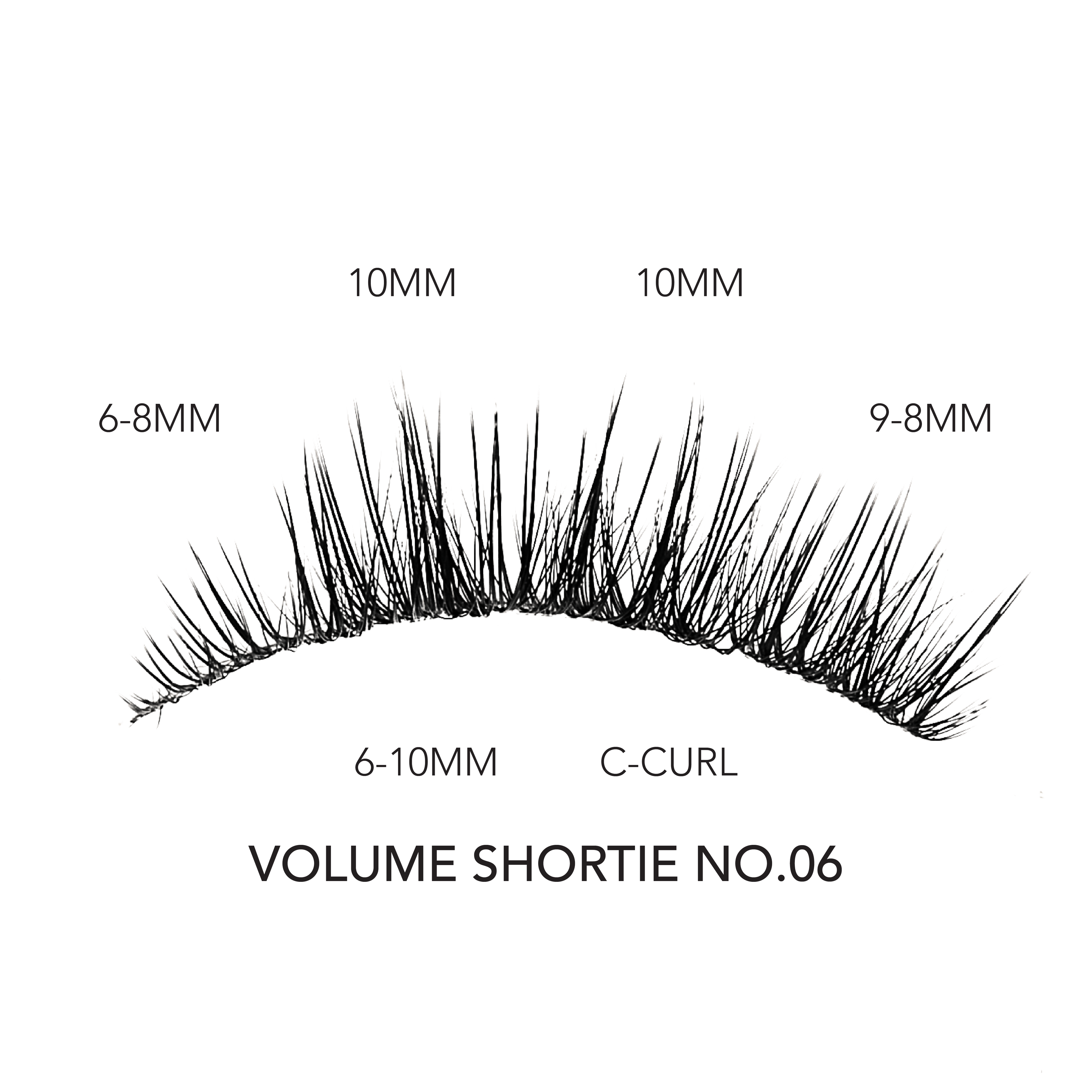 Short volume lashes in Volume Shortie No.06 style featuring a C-curl with varied lengths from 6mm to 10mm for a soft, dimensional look.