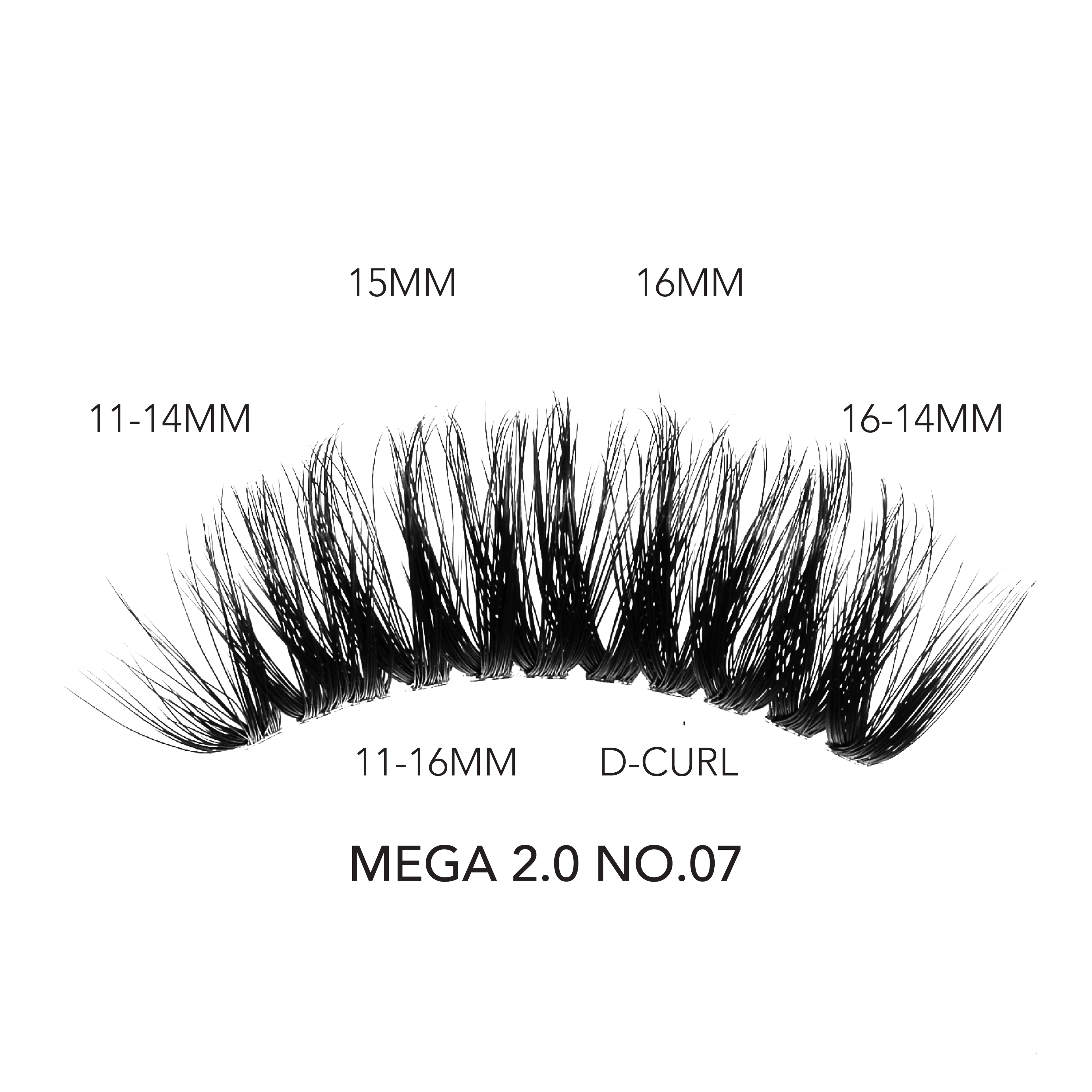 Eyelash extensions mega volume style Mega 2.0 No.07 featuring a D-curl with layered lengths ranging from 11mm to 16mm for a bold, dramatic look.