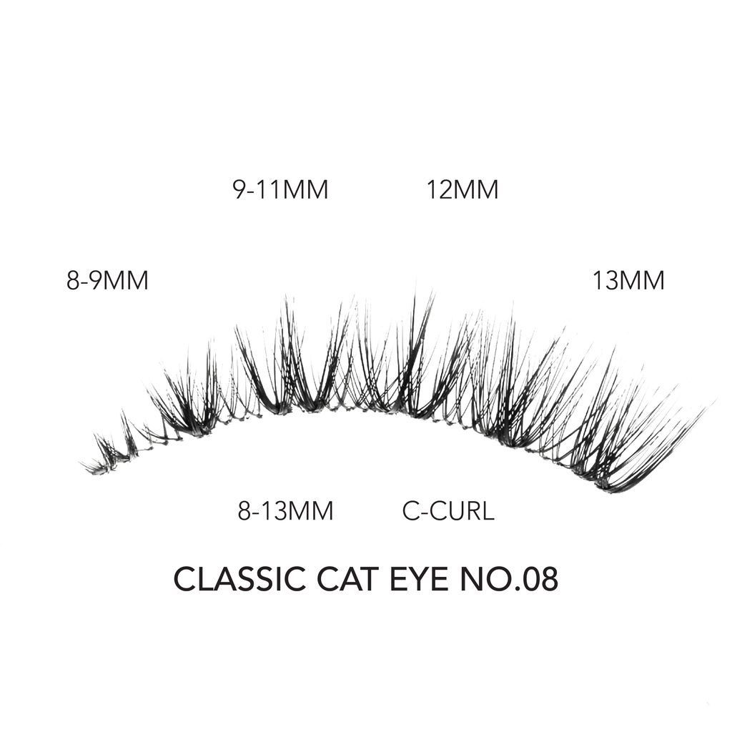 Classic cat eye eyelash extensions in No.08 style with C-curl and lengths from 8mm to 13mm for a flared look.