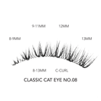 Classic cat eye eyelash extensions in No.08 style with C-curl and lengths from 8mm to 13mm for a flared look.