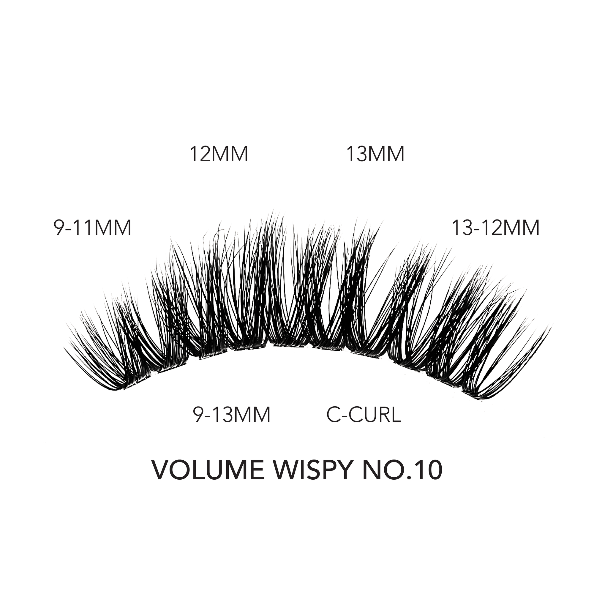 Wispy volume lashes in C-curl with lengths from 9MM to 13MM shown in style VOLUME WISPY NO.10.