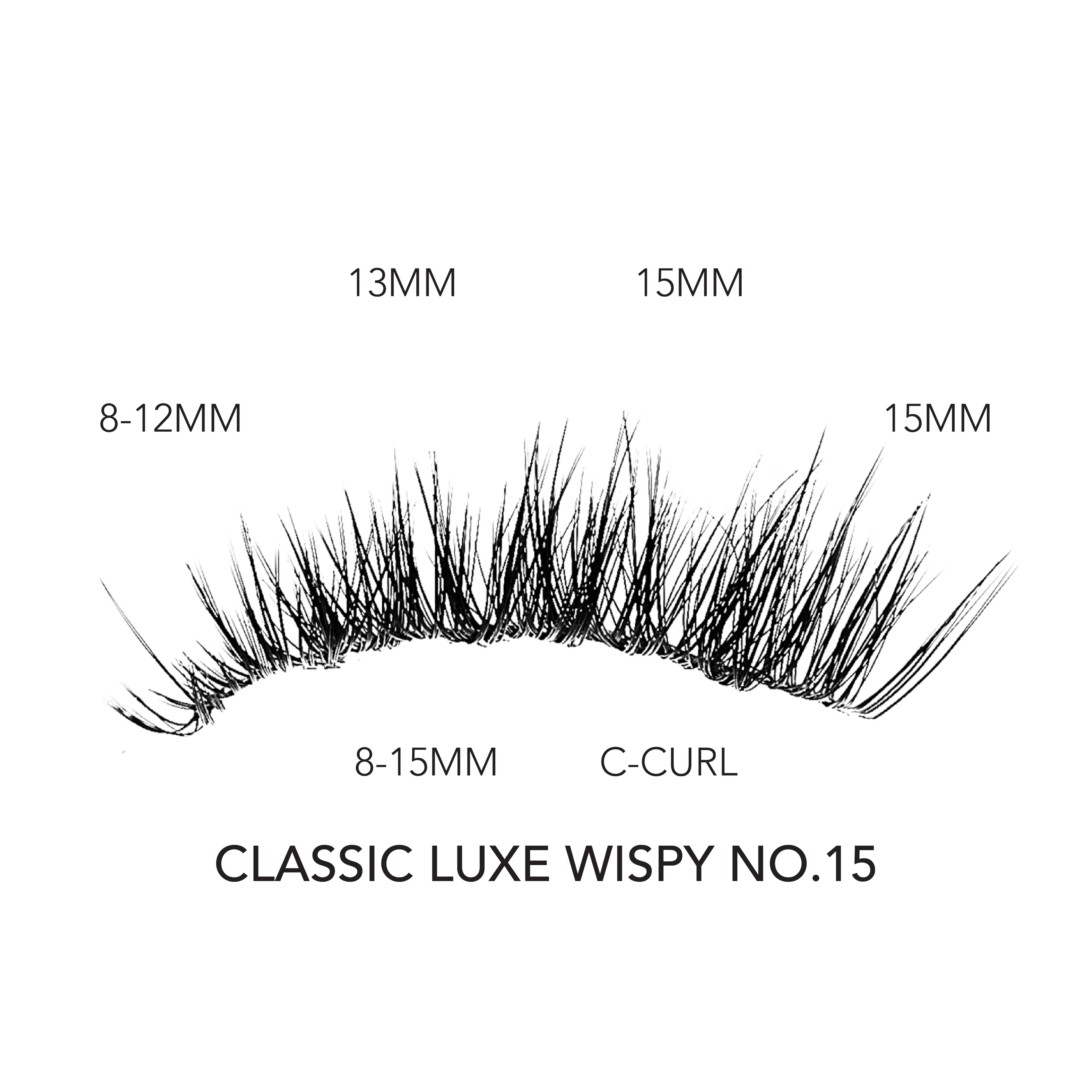 Lash extensions wispy style in Classic Luxe Wispy No.15 with C-curl and lengths ranging from 8mm to 15mm.