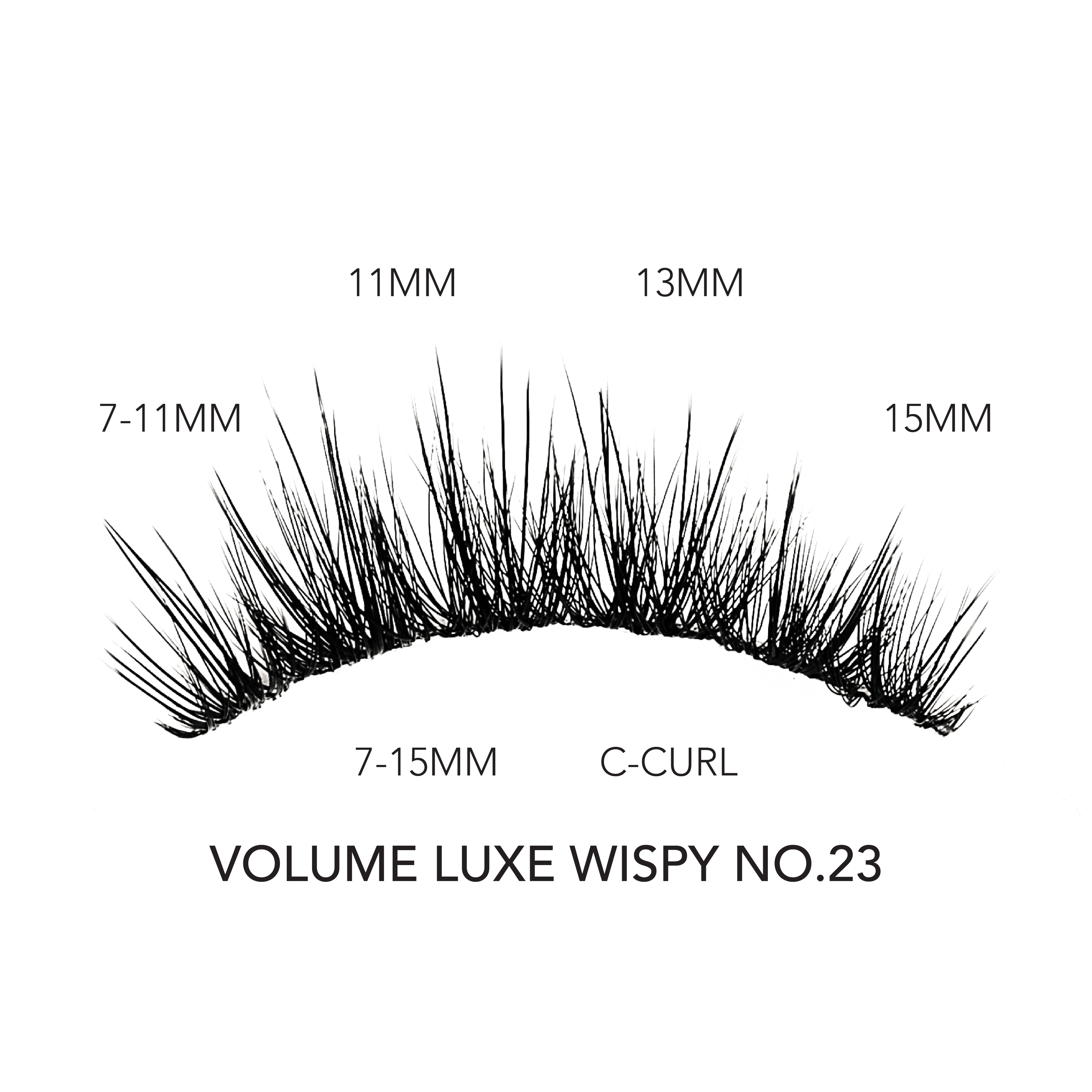 Wispy volume eyelash extensions in C-curl with 7–15MM lengths shown in style VOLUME LUXE WISPY NO.23.