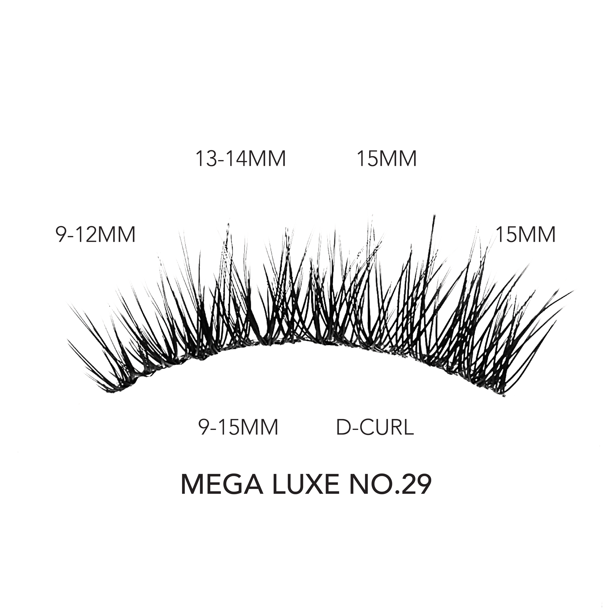 Mega eyelash extensions with D-curl and mixed lengths from 9MM to 15MM in style MEGA LUXE NO.29.