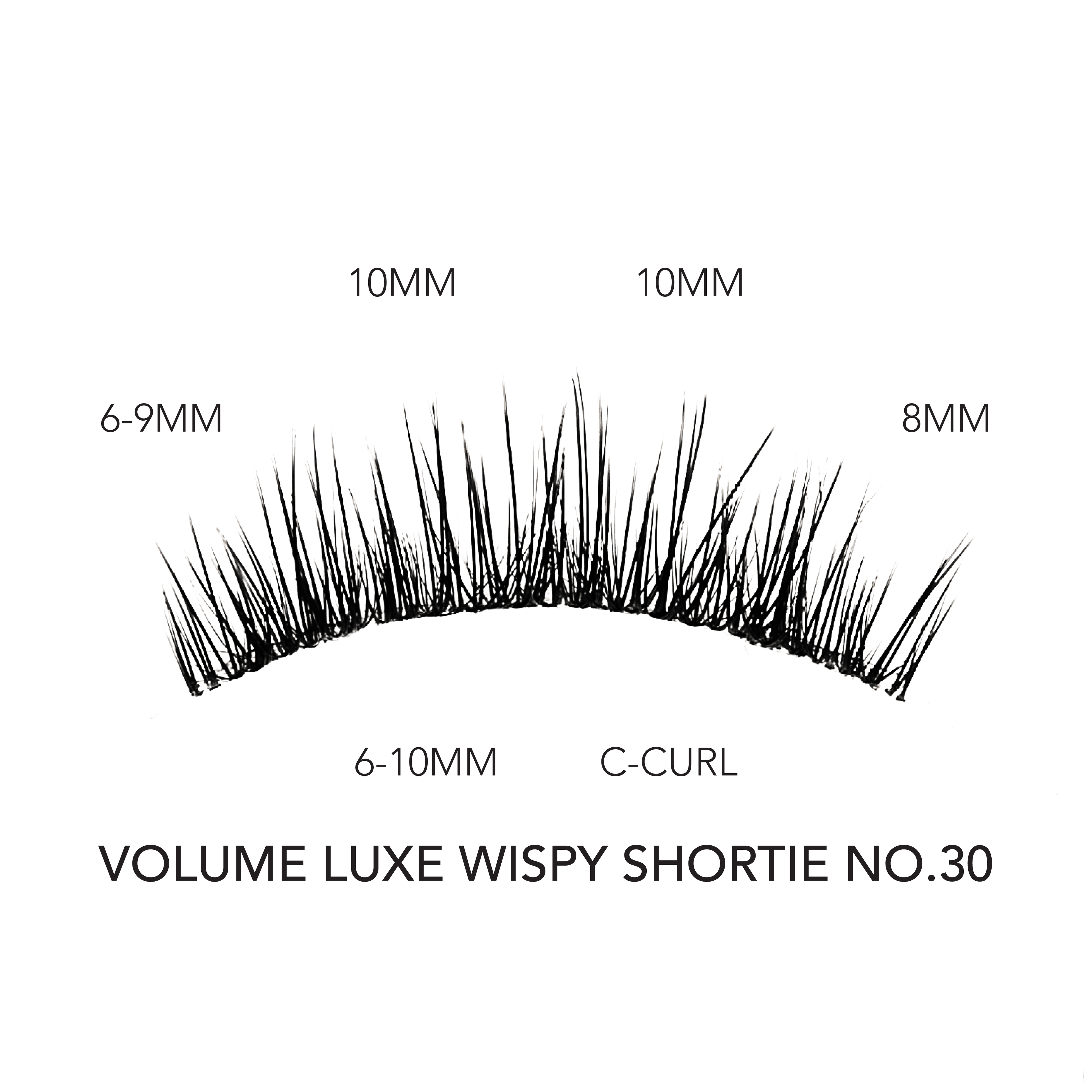Volume wispy eyelash extensions in the Luxe Shortie No. 30 style feature a C-curl with lash lengths ranging from 6mm to 10mm for a soft, fluttery effect.