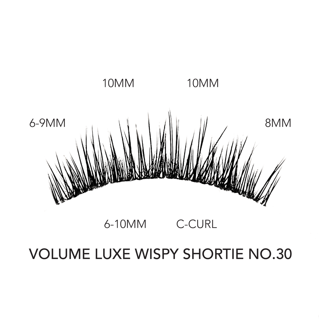 Volume wispy eyelash extensions in the Luxe Shortie No. 30 style feature a C-curl with lash lengths ranging from 6mm to 10mm for a soft, fluttery effect.