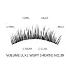 Volume wispy eyelash extensions in the Luxe Shortie No. 30 style feature a C-curl with lash lengths ranging from 6mm to 10mm for a soft, fluttery effect.