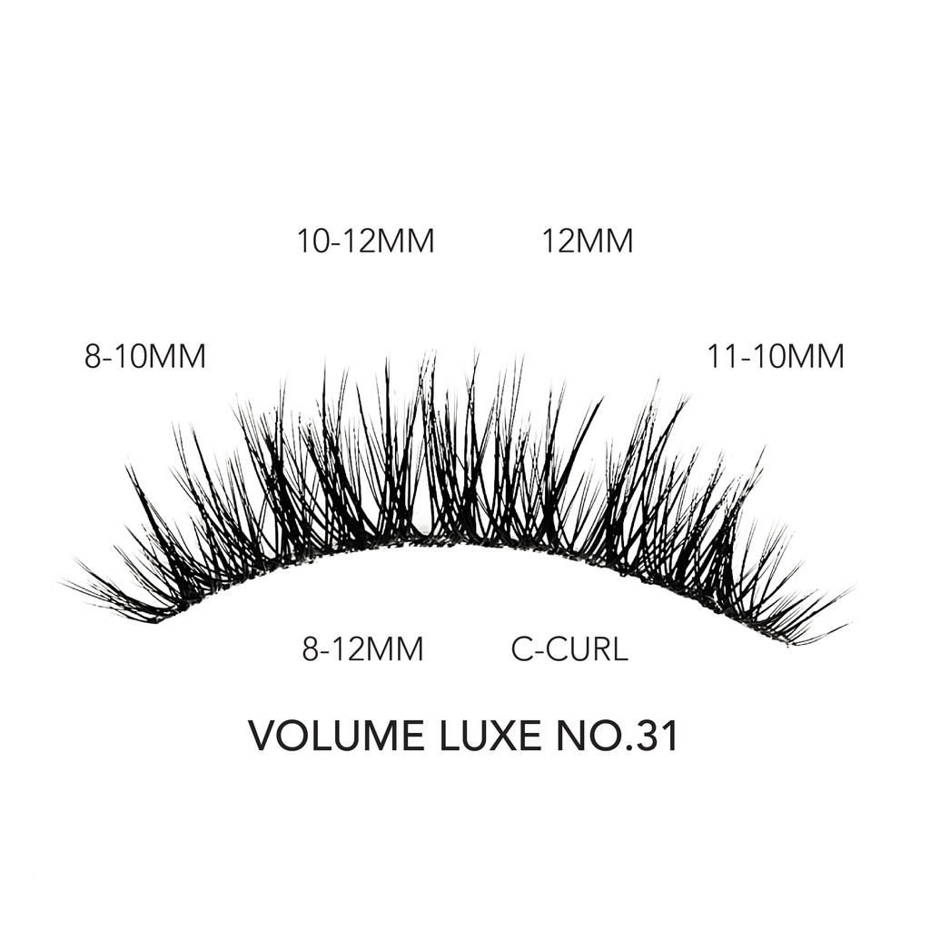 Eyelash extensions volume set featuring C-curl lashes in mixed lengths from 8mm to 12mm for a bold, layered look.