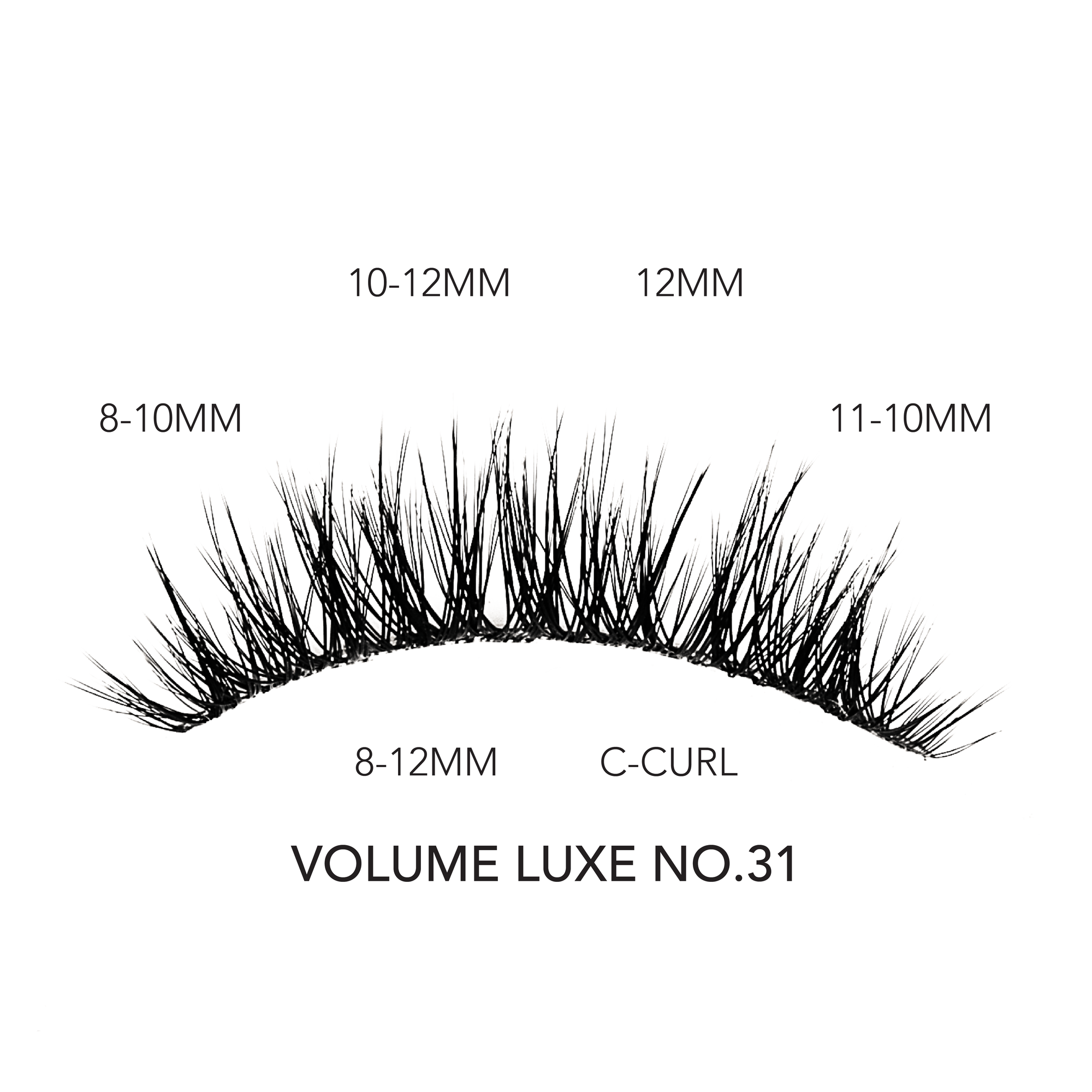 Eyelash extensions volume set featuring C-curl lashes in mixed lengths from 8mm to 12mm for a bold, layered look.