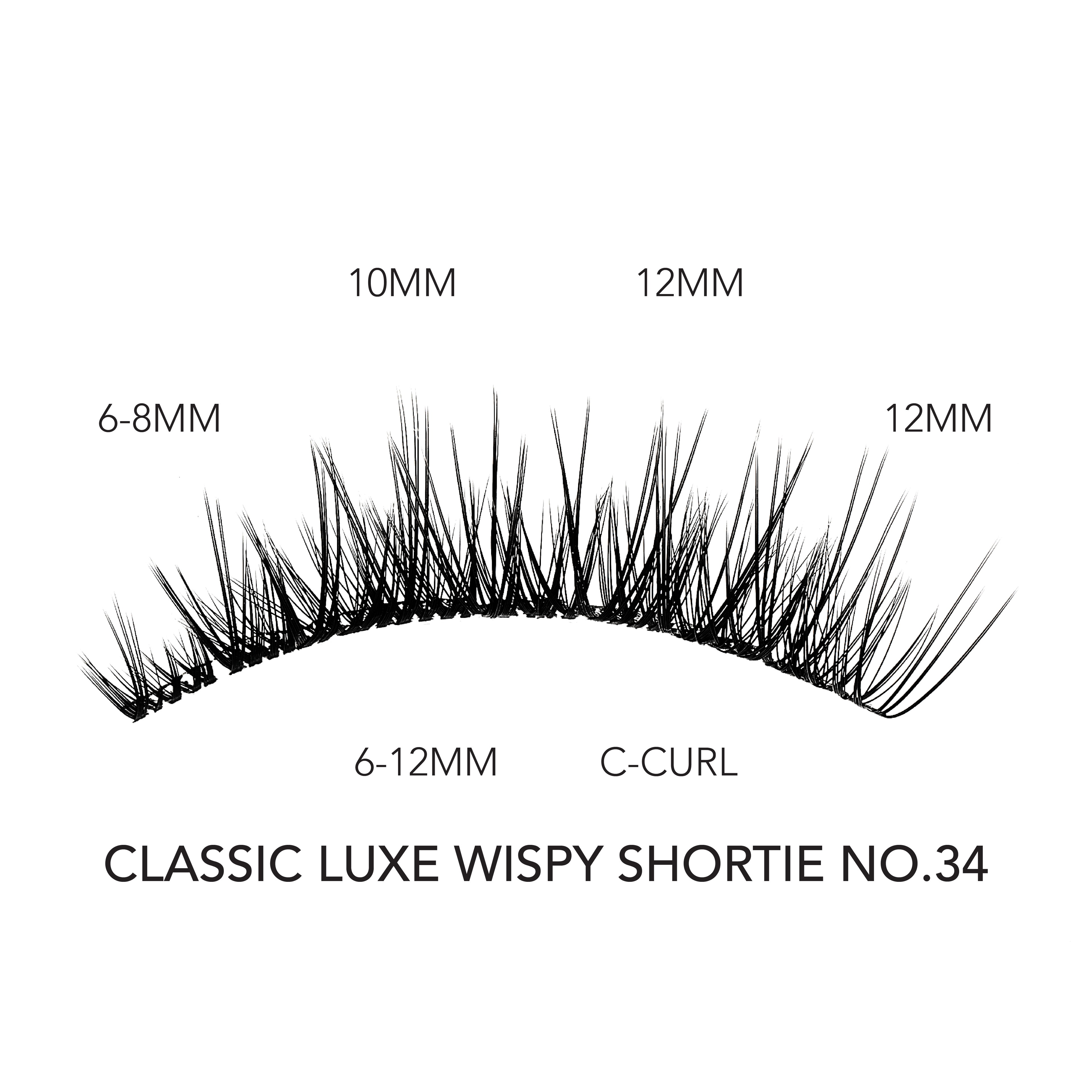 Short volume false lashes in Classic Luxe Wispy Shortie No.34 style featuring a C-curl and mixed lengths from 6mm to 12mm for a natural, fluttery look