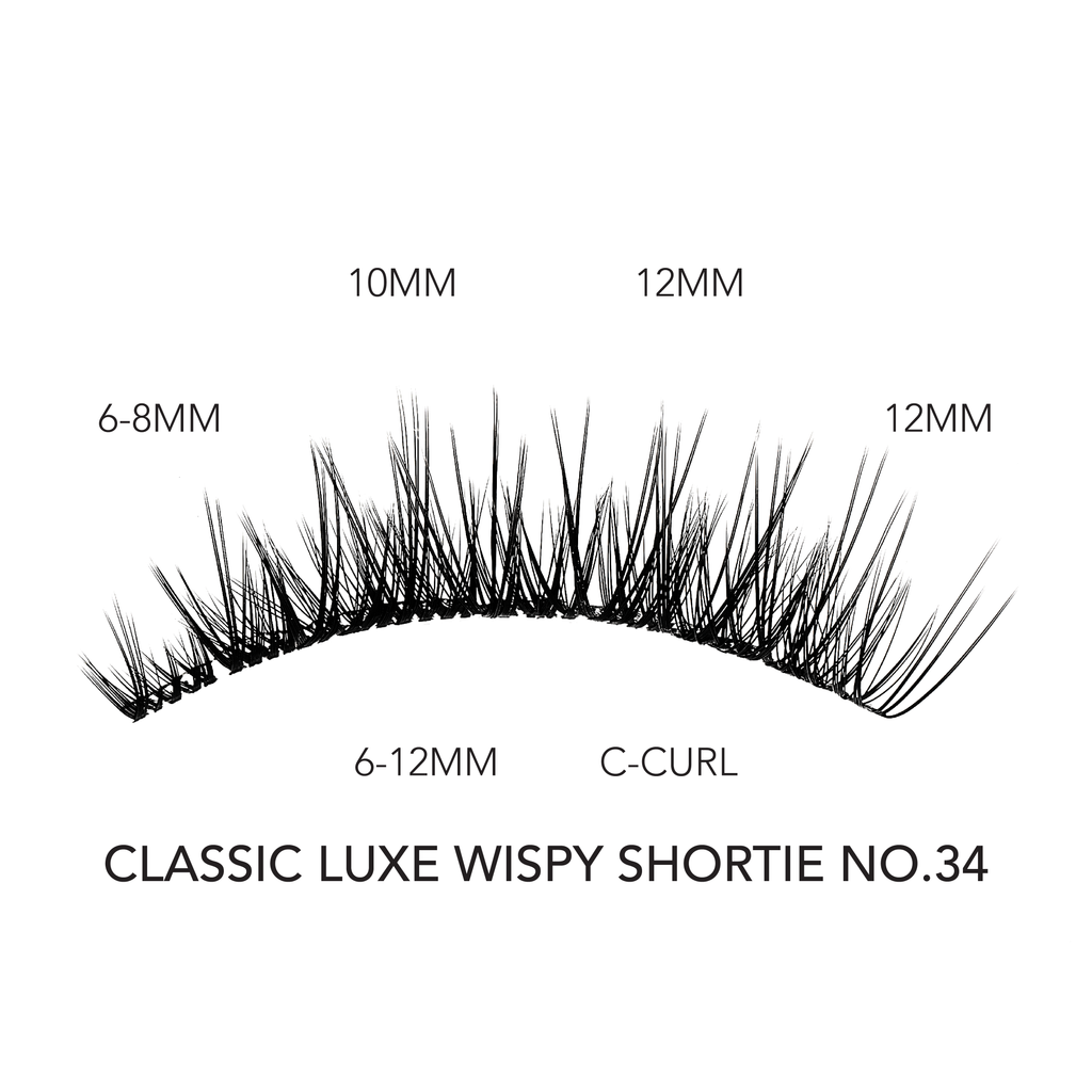 Short volume false lashes in Classic Luxe Wispy Shortie No.34 style featuring a C-curl and mixed lengths from 6mm to 12mm for a natural, fluttery look