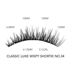 Short volume false lashes in Classic Luxe Wispy Shortie No.34 style featuring a C-curl and mixed lengths from 6mm to 12mm for a natural, fluttery look