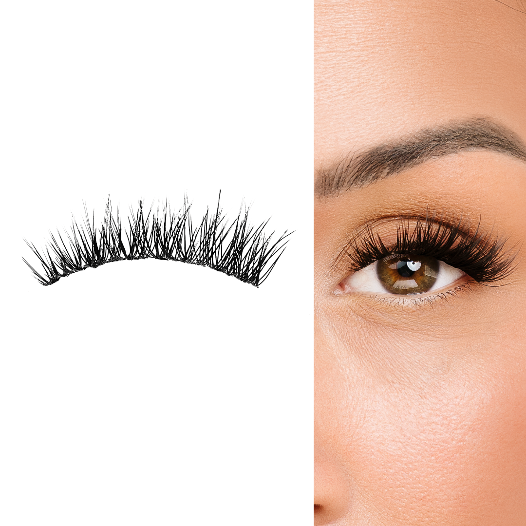 A dramatic pair of mega eyelash extensions is shown both off the eye and applied to a model with a warm skin tone and brown eye, emphasizing volume and curl.