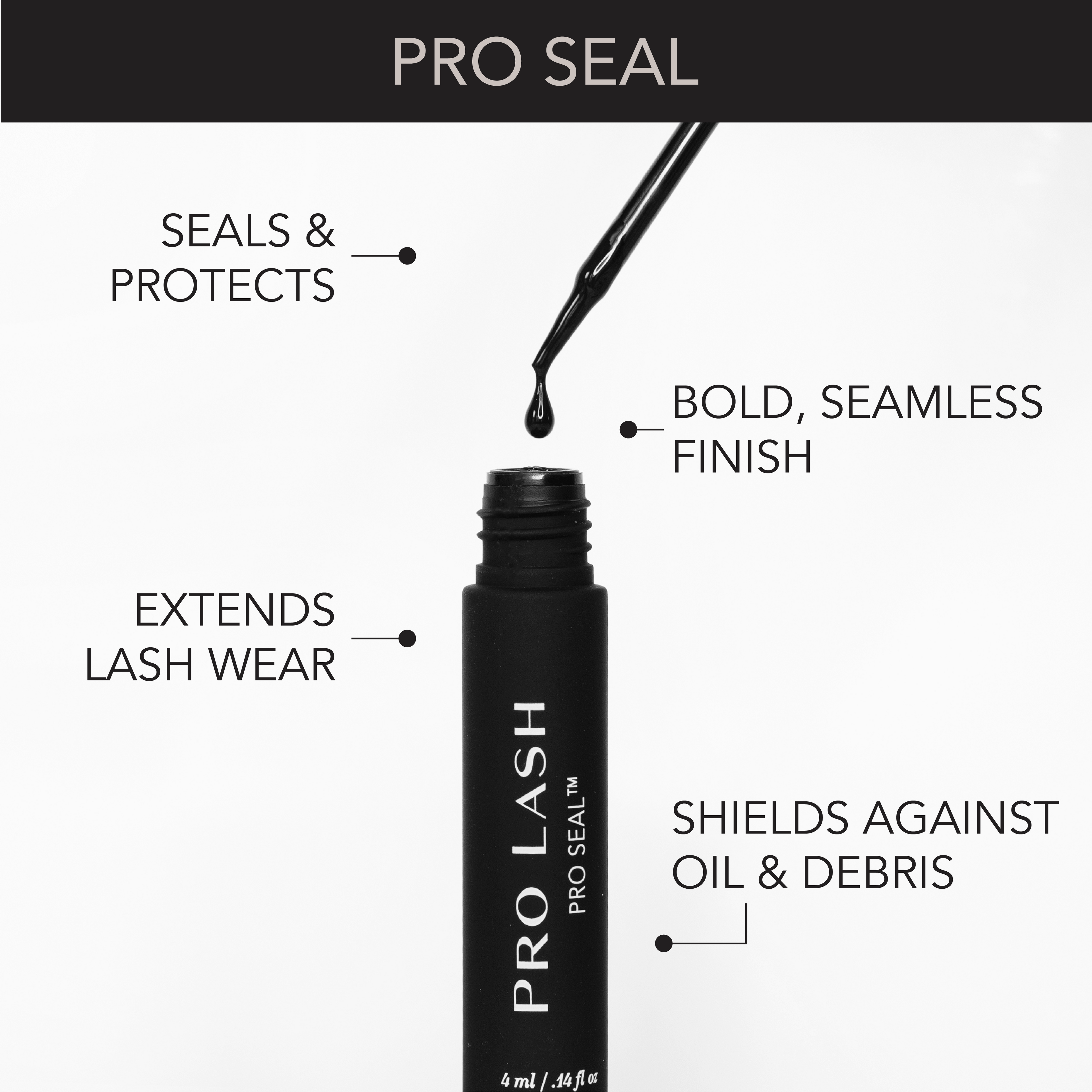 Lash sealer tube labeled Pro Lash Pro Seal with applicator drop and benefits text highlighting protection, extended wear, and oil resistance
