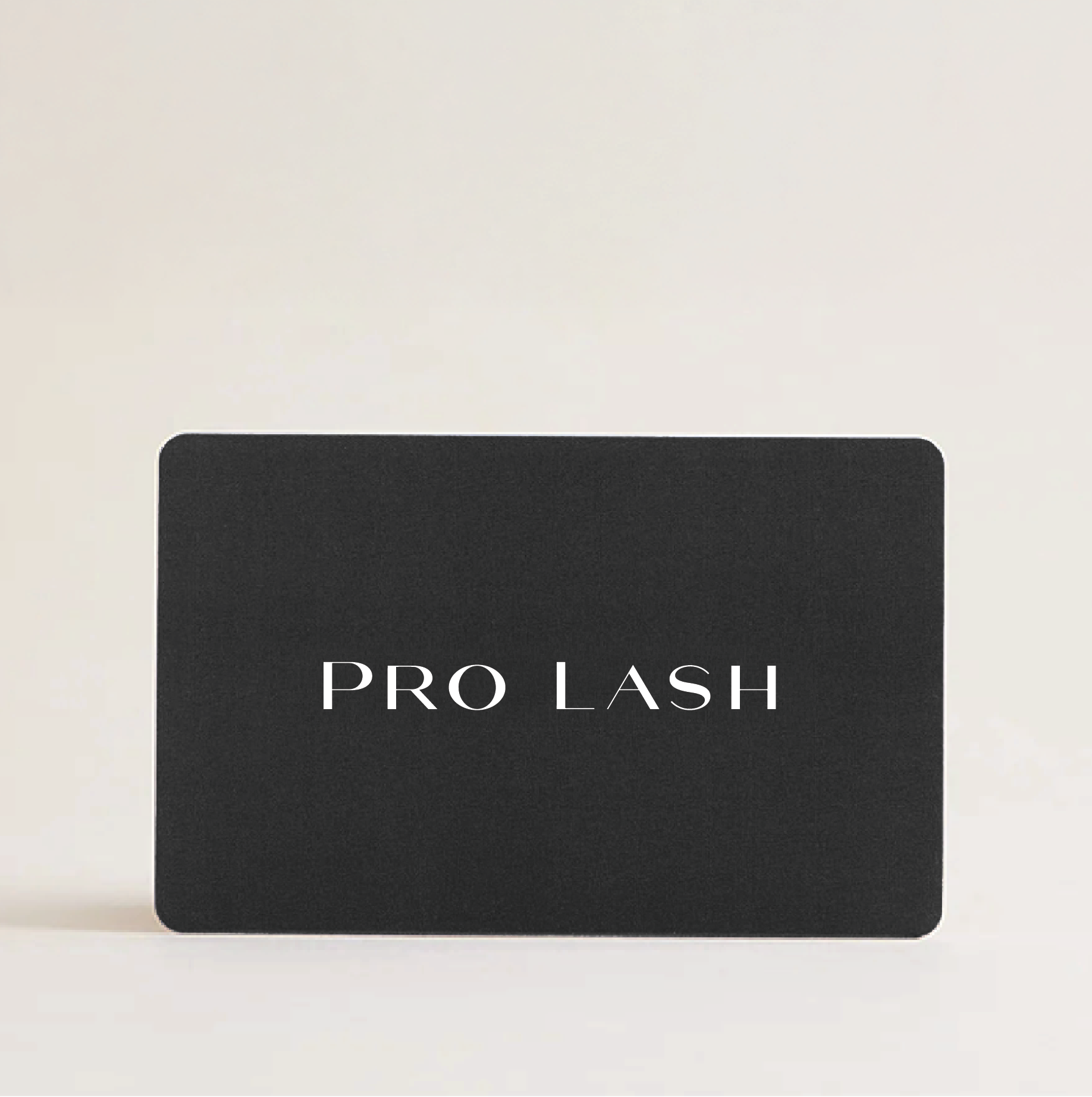Black card with 'PRO LASH' text on a beige background