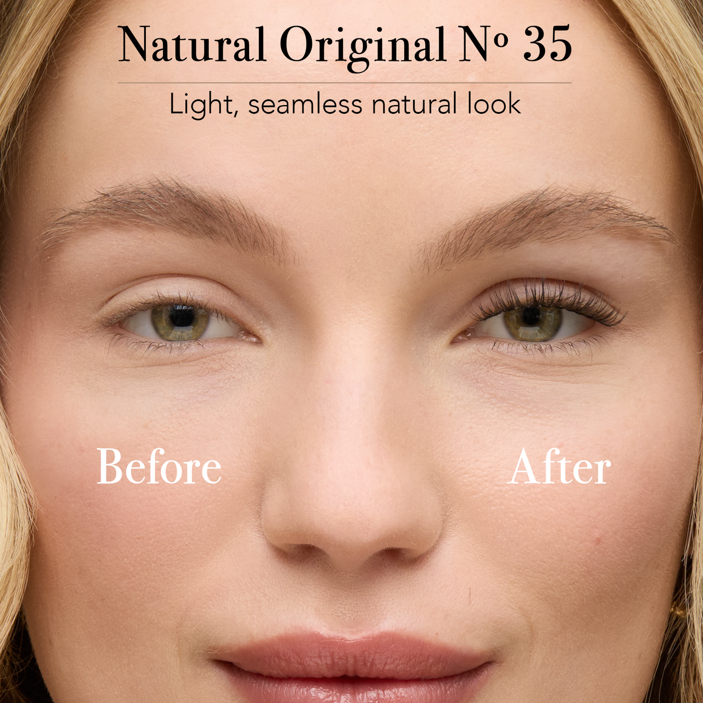 Natural eyelash extensions in Pro Lash Natural Original No.35 shown in a before and after comparison, delivering a light, seamless enhancement for a soft everyday look.