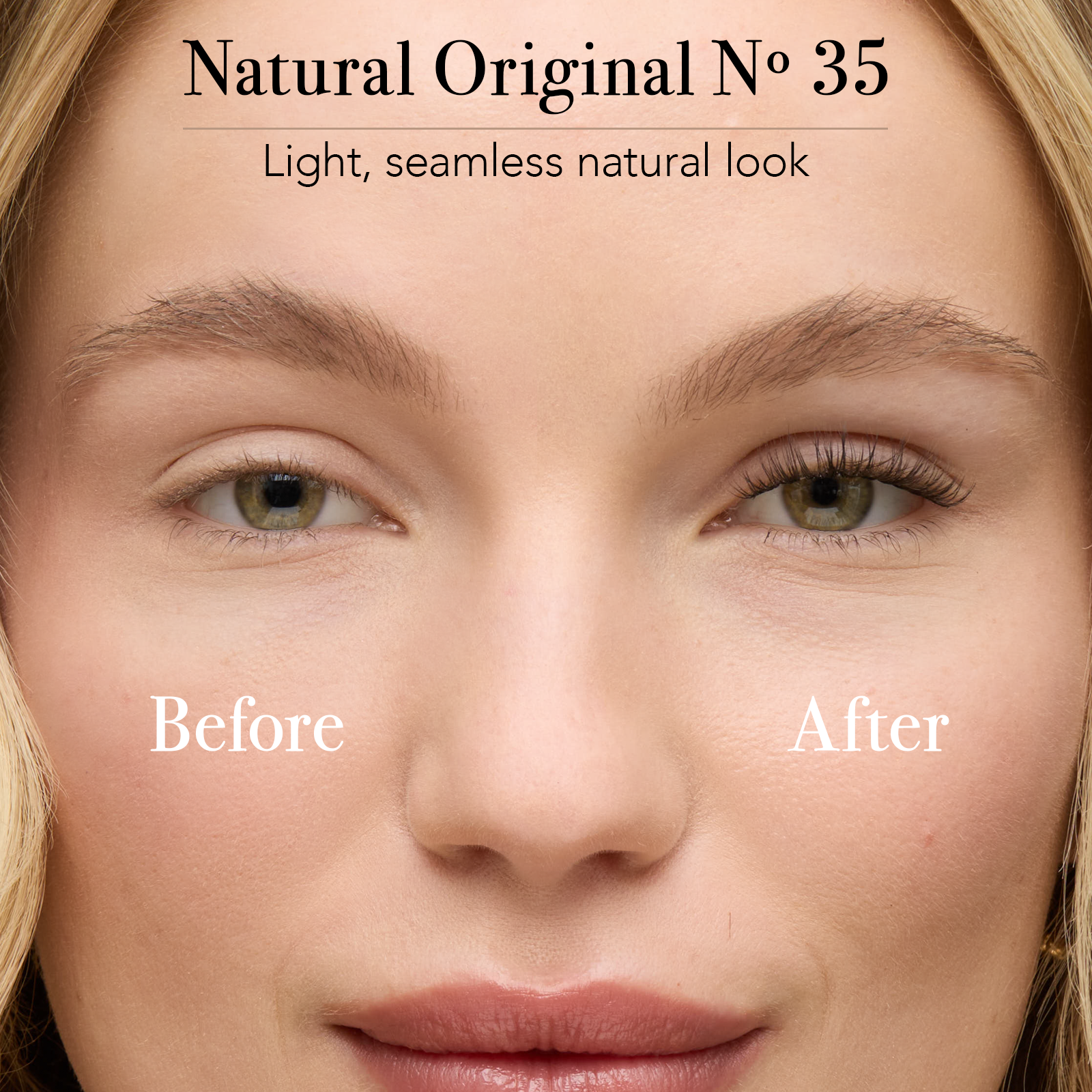 Natural eyelash extensions in Pro Lash Natural Original No.35 shown in a before and after comparison, delivering a light, seamless enhancement for a soft everyday look.