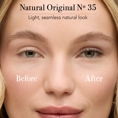Natural eyelash extensions in Pro Lash Natural Original No.35 shown in a before and after comparison, delivering a light, seamless enhancement for a soft everyday look.