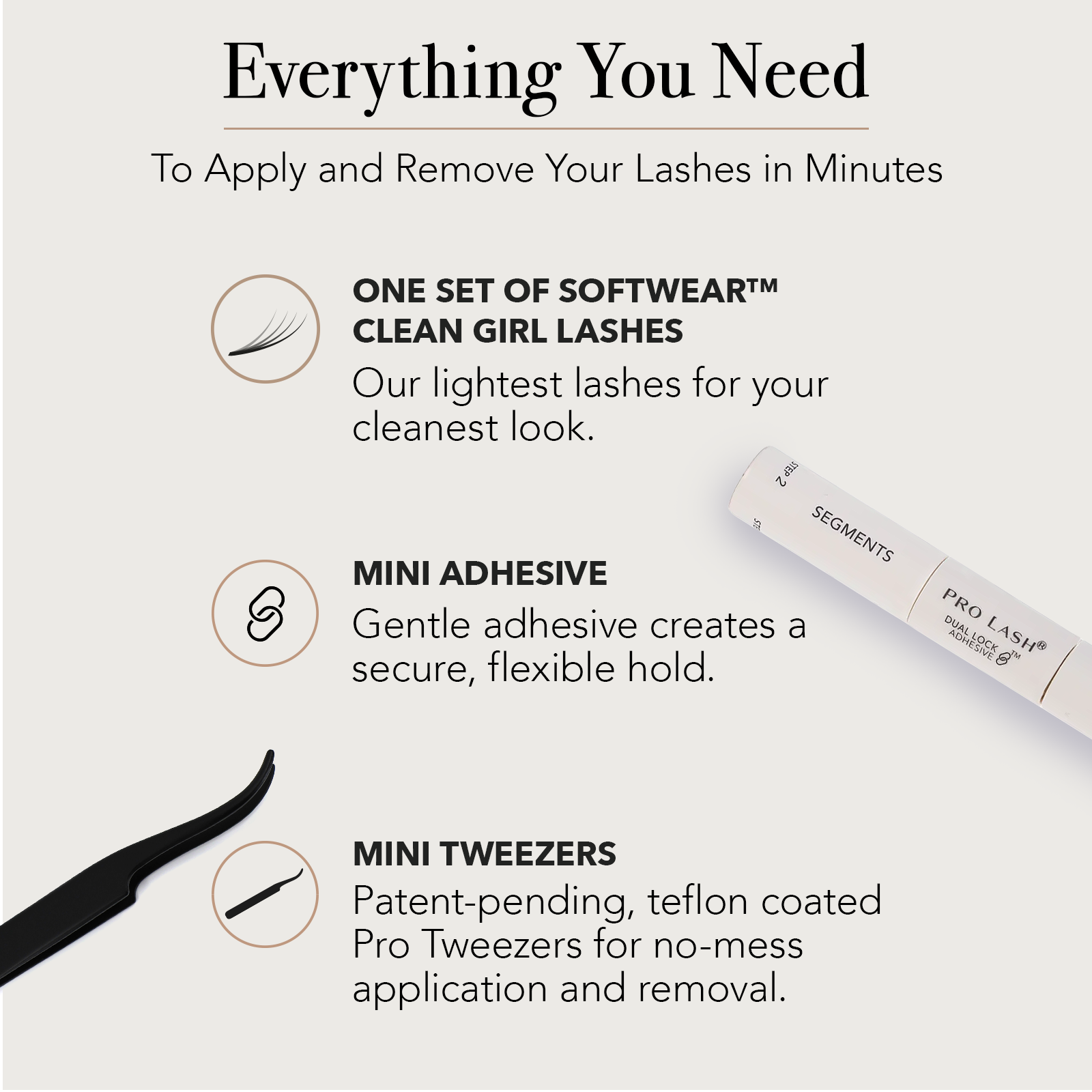 At home eyelash extensions kit includes SoftWear Clean Girl lash segments, dual-lock adhesive, and mini teflon-coated tweezers