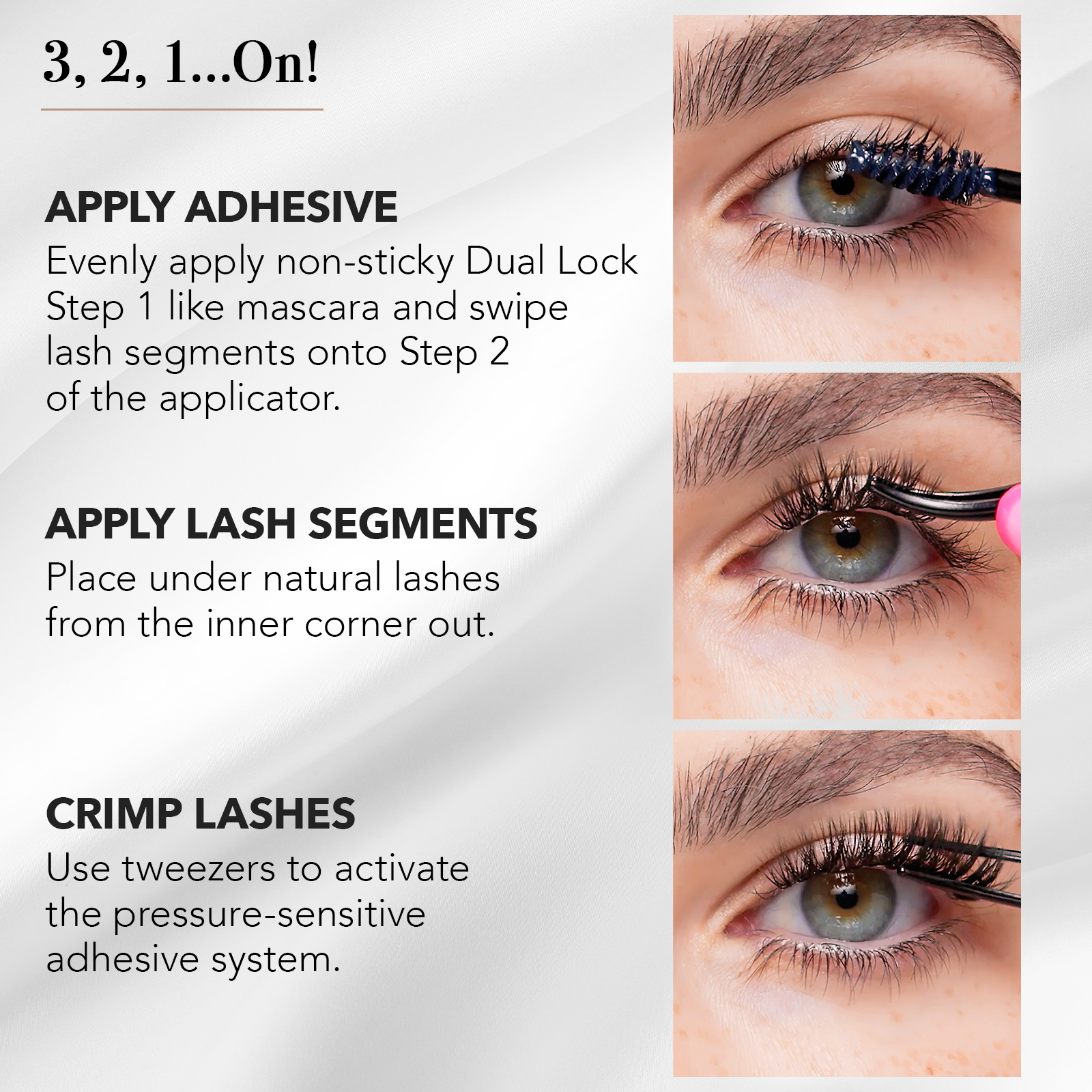 Natural eyelash extensions application tutorial showing adhesive brush, lash segment placement, and crimping with tweezers on eye.