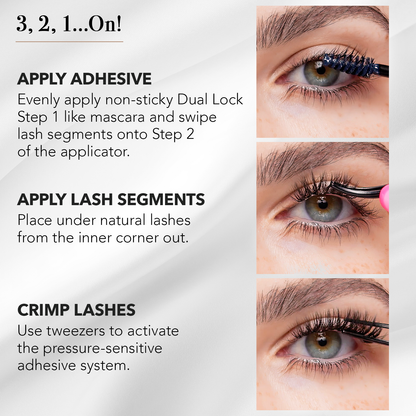 Natural eyelash extensions application tutorial showing adhesive brush, lash segment placement, and crimping with tweezers on eye.