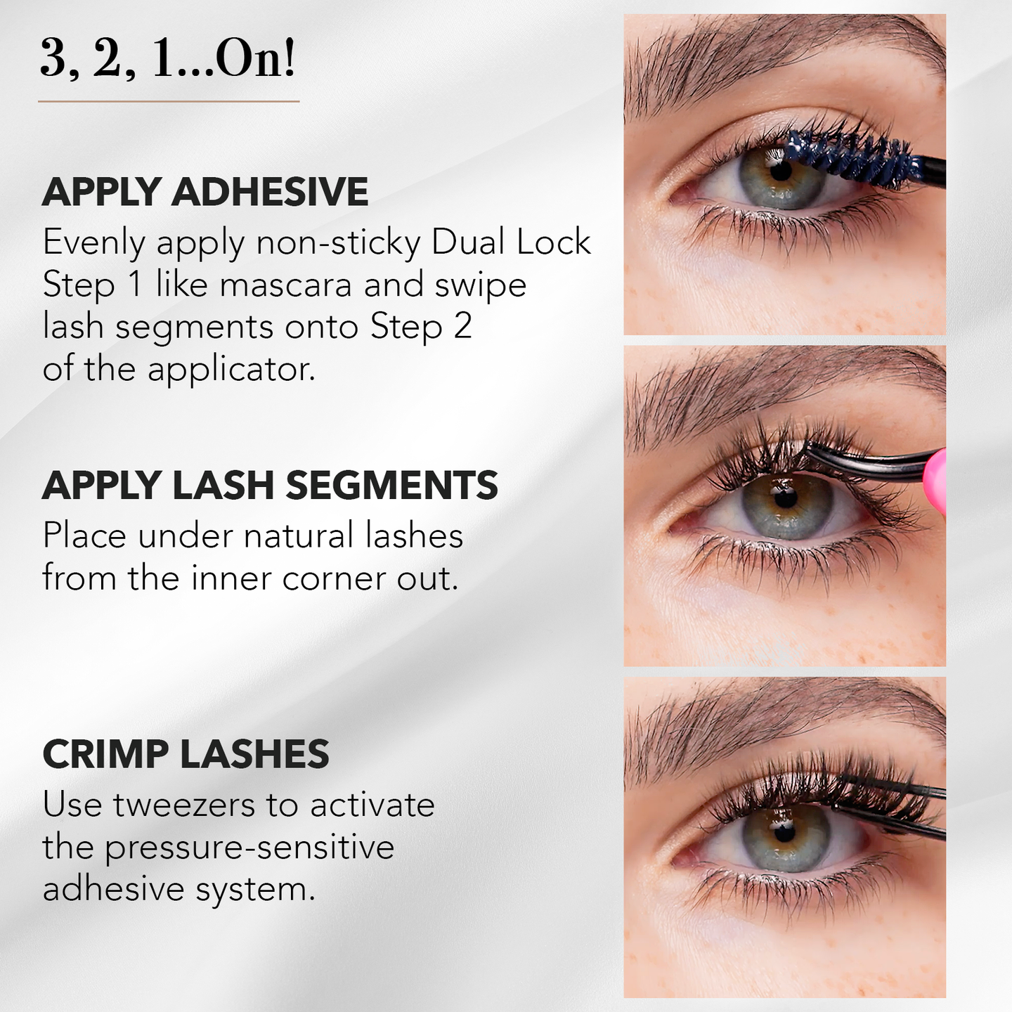 Natural eyelash extensions application tutorial showing adhesive brush, lash segment placement, and crimping with tweezers on eye.