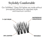 Natural eyelash extension segments fanned, showing 7+ day wear, waterproof, sweatproof, 30% lighter, and reusable features