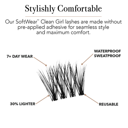 Natural eyelash extension segments fanned, showing 7+ day wear, waterproof, sweatproof, 30% lighter, and reusable features