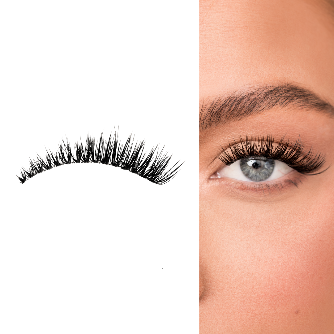 Wispy volume lashes with layered, fluttery design shown on model’s eye for a full and defined look.