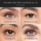 Wispy volume eyelash extensions in the Volume Luxe Wispy Shortie No. 30 style are shown enhancing almond, monolid, round, and upturned eye shapes.