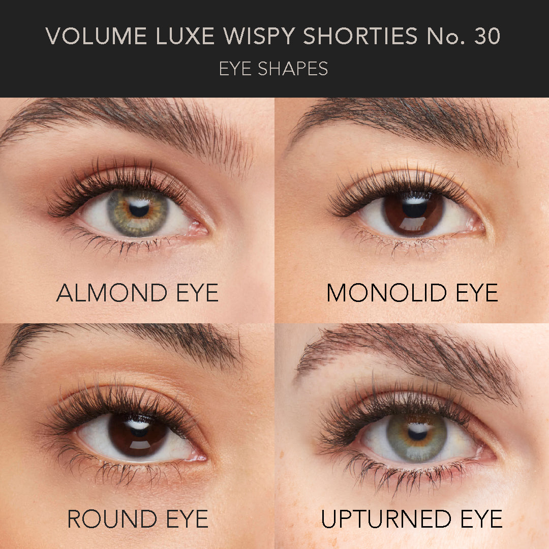Wispy volume eyelash extensions in the Volume Luxe Wispy Shortie No. 30 style are shown enhancing almond, monolid, round, and upturned eye shapes.