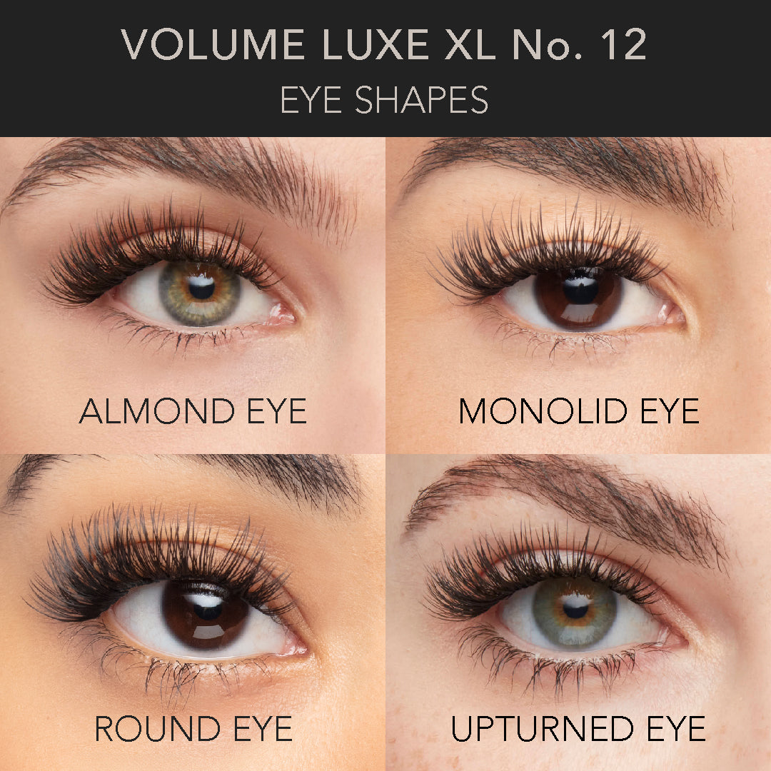 Volume lash extensions in VOLUME LUXE XL No.12 style shown on almond, monolid, round, and upturned eye shapes.