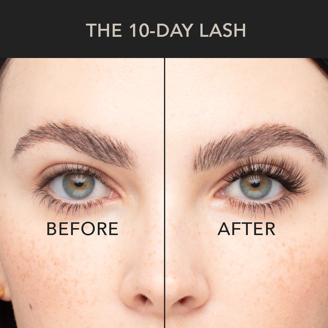 Volume lash extensions before and after comparison showing dramatic increase in fullness, length, and curl over 10 days.