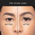 Wispy volume lash extensions before and after showing dramatic improvement in length, curl, and fullness over 10 days.