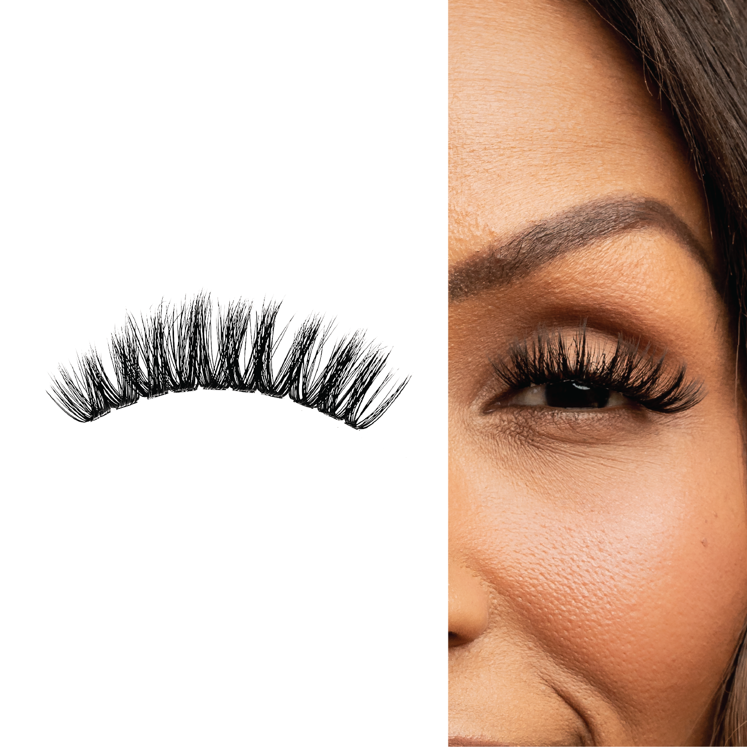 Wispy volume eyelash extensions with fluffy texture shown on model for a bold, lifted, and dramatic eye look.