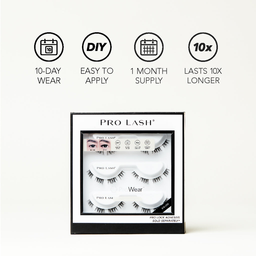 A boxed set of Pro Lash eyelash extensions is displayed below icons highlighting key benefits: 10-day wear, easy DIY application, a one-month supply, and 10x longer-lasting performance.