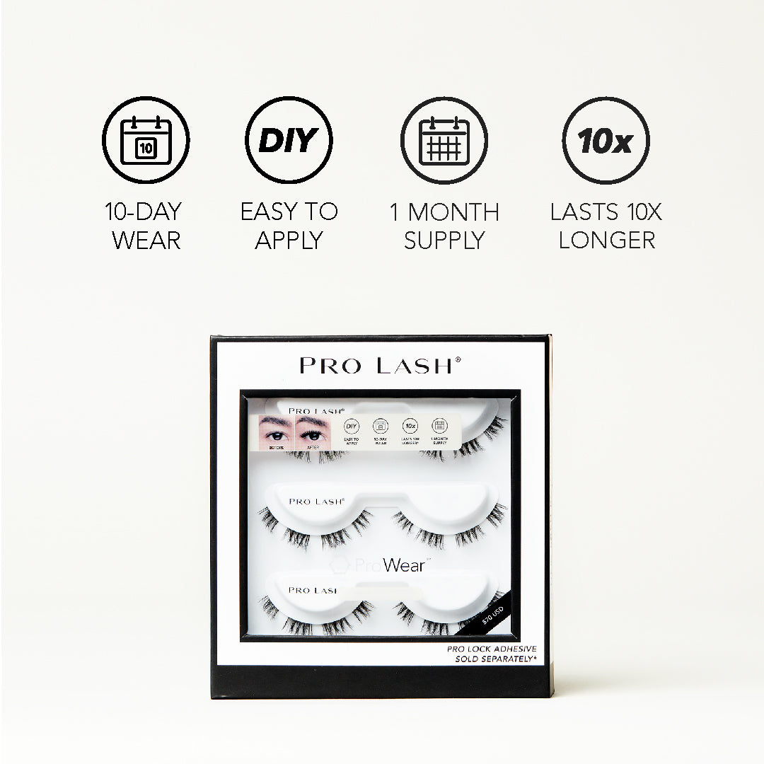 Eyelash extensions by Pro Lash in Pro Wear pack offering 10-day wear, easy DIY application, and 1-month supply.