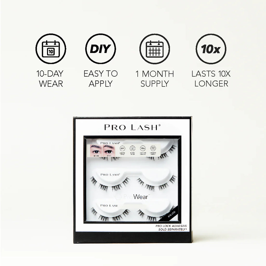 Volume eyelash extensions kit by Pro Lash featuring three sets of lashes with 10-day wear and one-month supply.