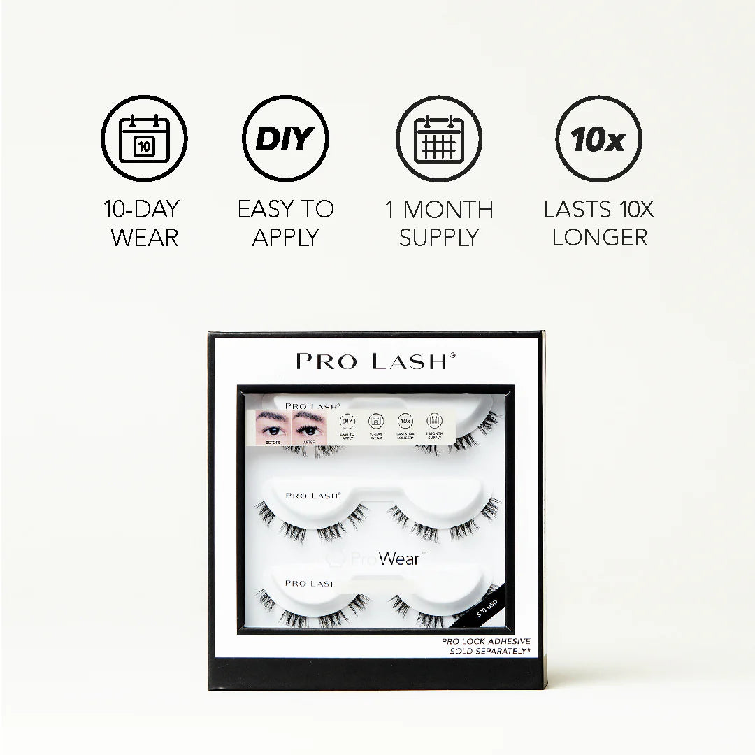 Volume eyelash extensions kit by Pro Lash featuring three sets of lashes with 10-day wear and one-month supply.