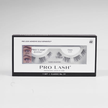 Wispy natural eyelash extensions in Pro Lash Classic No.01 single set with SoftWear band, offering lightweight volume and a seamless 10-day wear look.