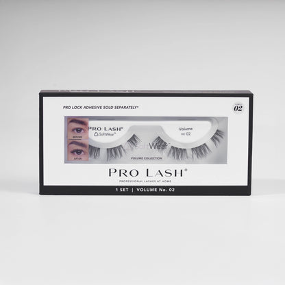 Wispy volume lash extensions in Pro Lash Volume No.02 single set with SoftWear band, designed for fuller lashes and a lifted eye effect with 10-day wear.