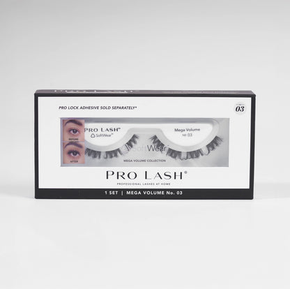 Wispy lash extensions in Pro Lash Mega Volume No.03 single set with SoftWear band, offering bold, fluttery volume and seamless 10-day wear.