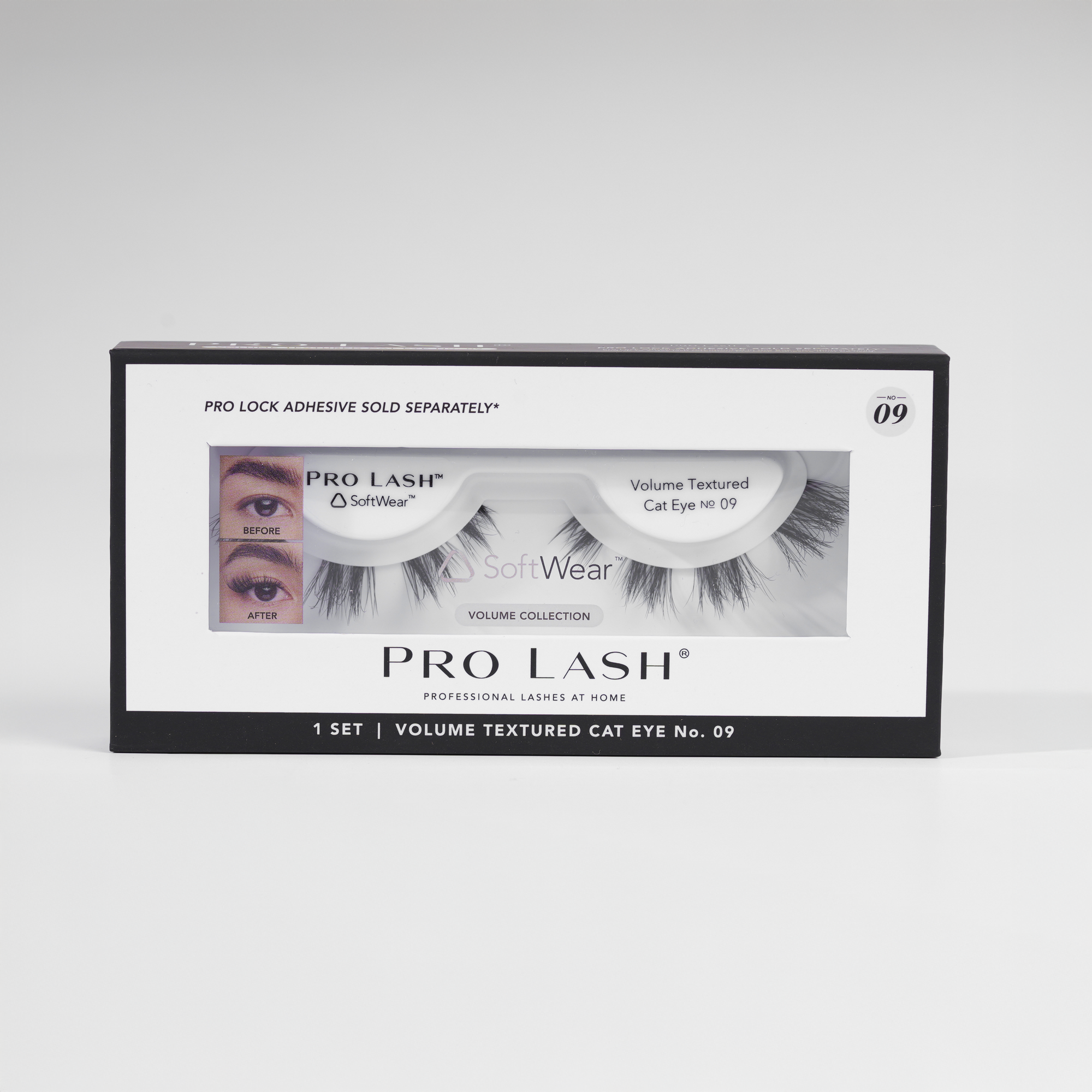 Cat eye extensions in Pro Lash Volume Textured Cat Eye No.09 single set with SoftWear band, designed for a lifted, elongated look and 10-day wear at home.