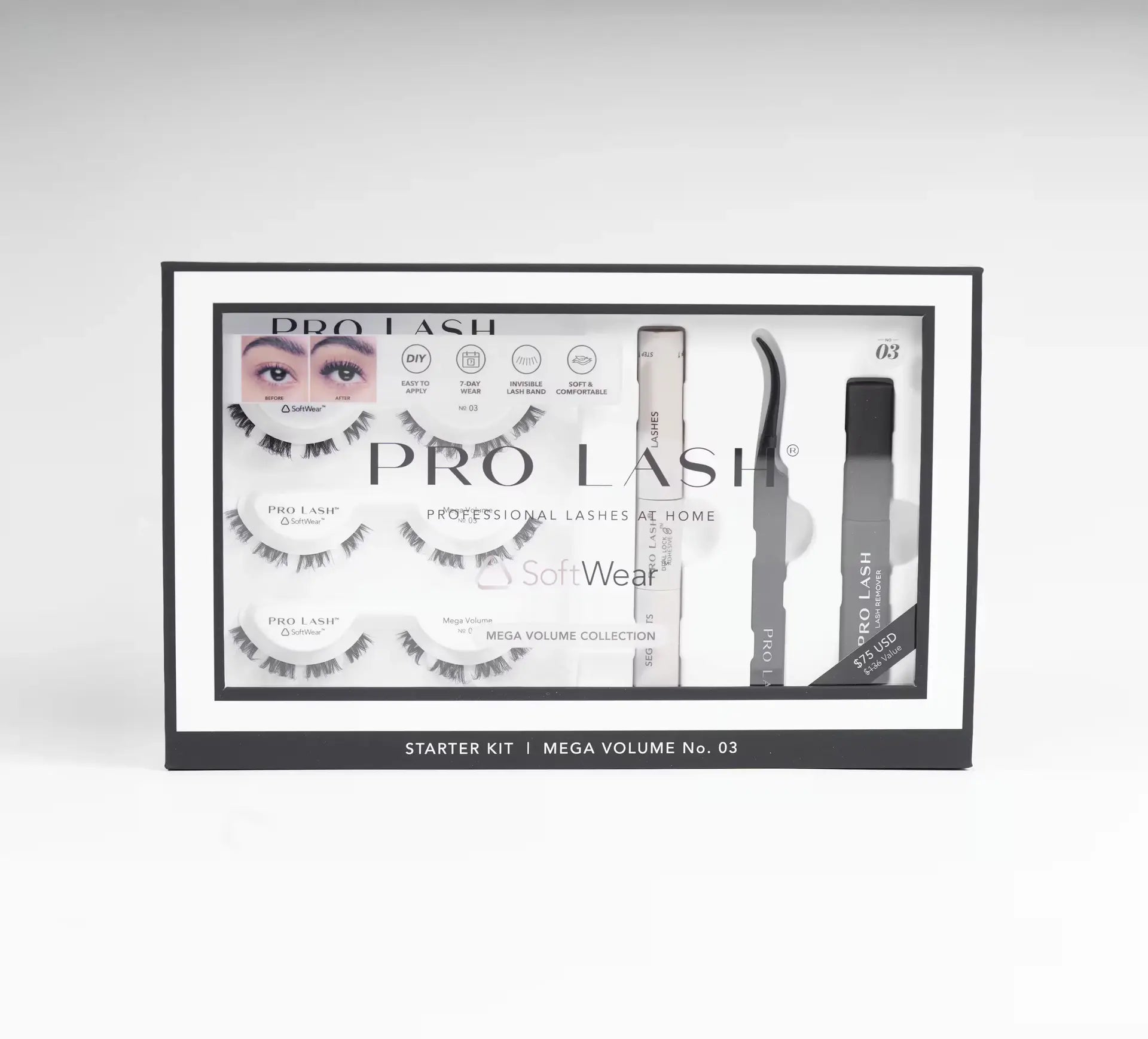 Mega eyelash extensions starter kit featuring Pro Lash SoftWear Mega Volume No. 03 with adhesive, applicator, and lash tool.