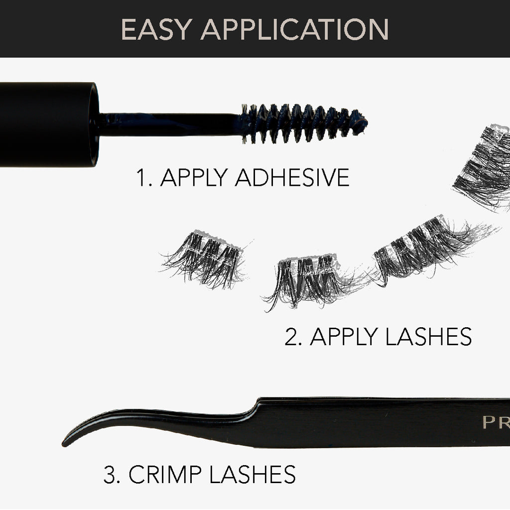 Step-by-step eyelash extension application showing adhesive being applied with a spoolie, wispy lash clusters ready for placement, and tweezers used to crimp the lashes in place.
