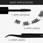 Step-by-step eyelash extension application showing adhesive being applied with a spoolie, wispy lash clusters ready for placement, and tweezers used to crimp the lashes in place.